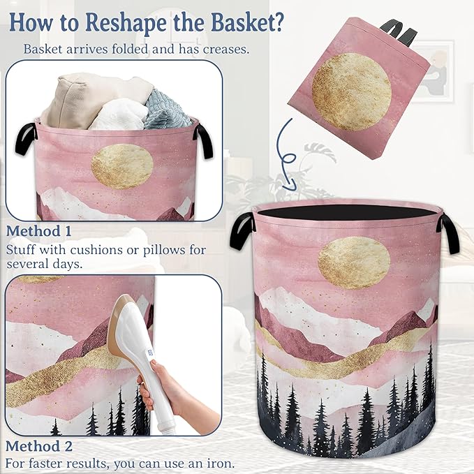 Mountains Laundry Basket,Foldable Oxford Cloth Sun Forest Golden Pink Laundry Hamper with Handles, 20.8"x16" Tote Bag Clothes Storage Bucket for Laundry Room/Bathroom/Bedroom/Dormitories