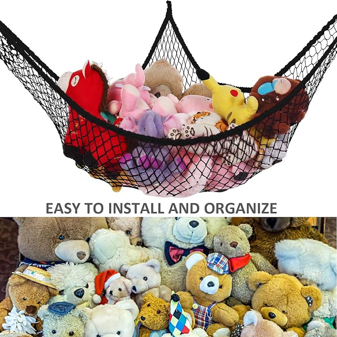 Stuffed Animal Hammock, Jumbo Toy Storage Net 83" Wall Sling Corner Extra Large Kids Children Mesh Toy Net Organizer (Black, 83 Inch)