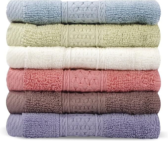 6 Pack 100% Cotton Wash Cloth, 13x13 Inch Highly Absorbent and Soft Feel Fingertip Towels, Machine Washable Washcloths for Bathroom, Gym, Hotel, Spa and Kitchen, 6 Colors