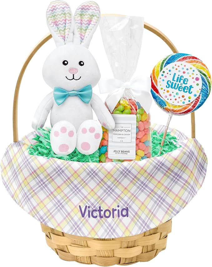 Let's Make Memories Personalized Easter Basket for Kids- For Boys - For Girls - Create Your Own - Fillable - Wicker - Easter Basket Stuffers - Small - Purple Fun Plaid