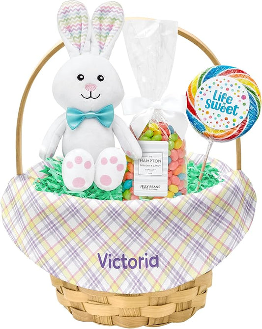 Let's Make Memories Personalized Easter Basket for Kids- For Boys - For Girls - Create Your Own - Fillable - Wicker - Easter Basket Stuffers - Small - Purple Fun Plaid