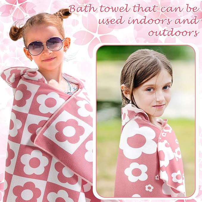 2 Pcs Kids Hooded Bath Towel 50" x 30" Kids Hooded Beach Bath Towels Pink Microfiber Toddlers Towels Pool Beach Towel Wrap for 3-12 Years Girls Toddlers Swimming Cover up 2 Design(Flowers)