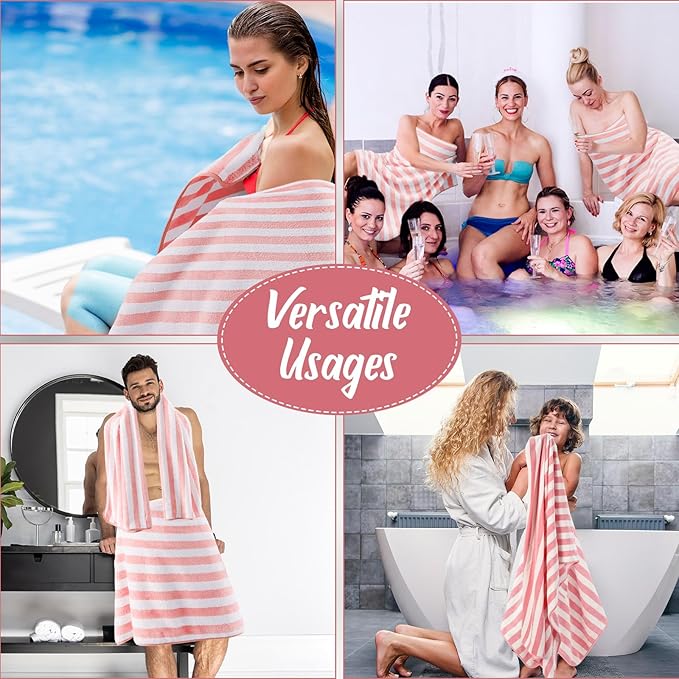16 Pack Microfiber Bath Towels Bulk 27'' x 60'' Oversized Size Bath Towel Highly Absorbent Extra Large Soft Drying for Shower Beach Winter Salon Sport Gym Party (Stripes,Pink)