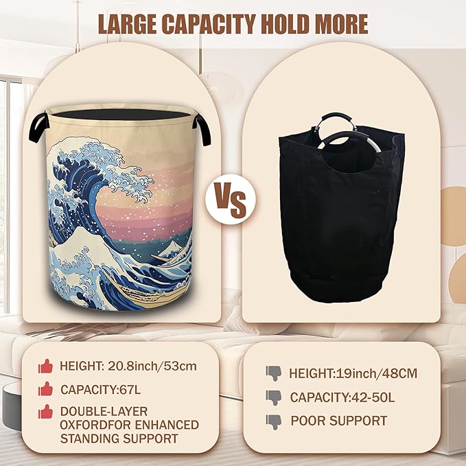 Japanese Ocean Waves Laundry Basket,Waterproof Foldable Laundry Hamper,Dirty Clothes Basket, Linen Bin Storage Organizer Collection 16" x 20.8"