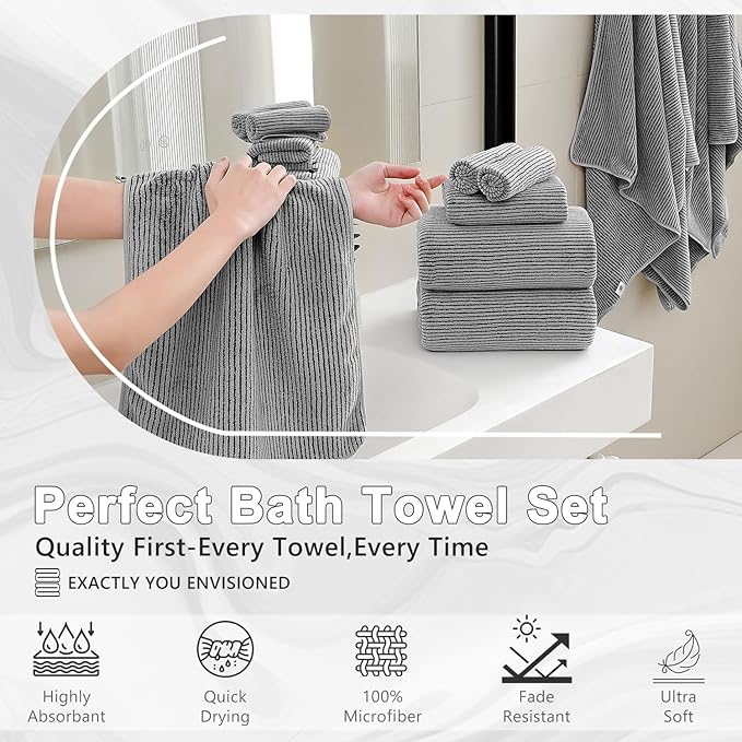 8-Piece Premium Towel Set for Bathroom|2 Oversized Large Bath Sheet,2 Hand Towels,4 Washcloths|Soft Cozy Highly Absorbent Fast Dry Microfiber Towel Set for Hotel,Bathroom Essentials,Dark Grey