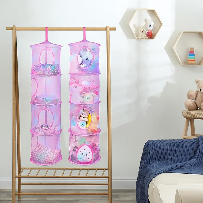 Basumee Stuffed Animals Net or Hammock 2 Pcs Stuffed Animals Storage Toy Net Hammock for Plushies Storage Organizer Mesh Kids Girls Room Decor, Pink, 4 Tiers