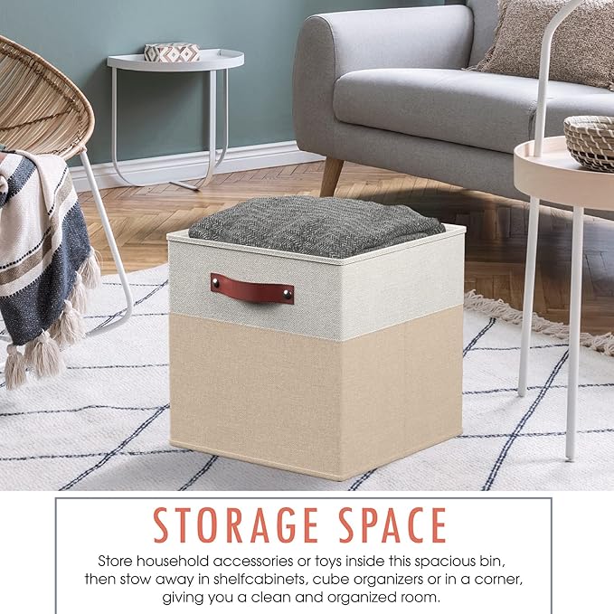 Ornavo Home 11 x 11 Storage Cube Bins, Foldable Collapsible Fabric Storage Bins Box Linen Shelf Basket Cube Organizer for Closet with Leather Handles, 6 Pack, White/Khaki