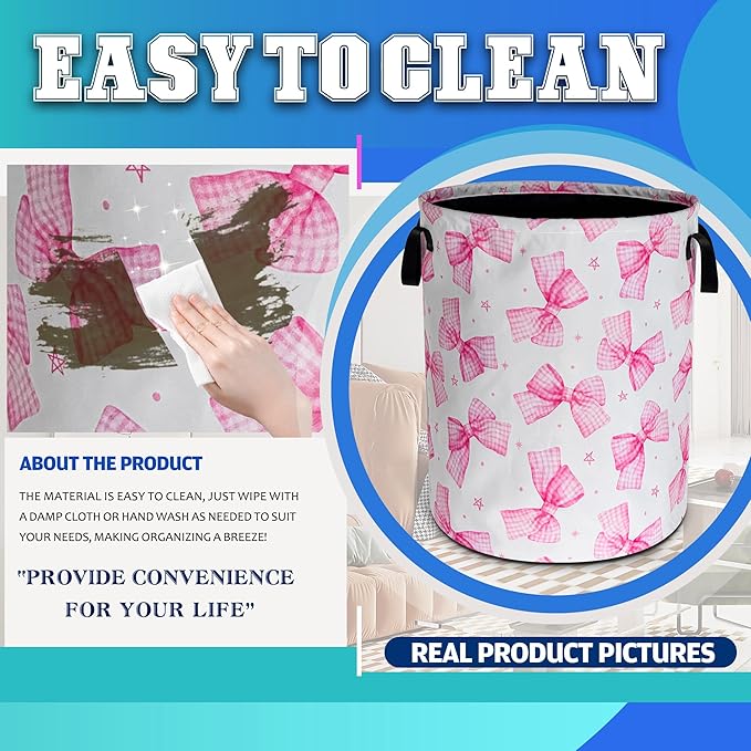 Pink Bow Laundry Basket Oxford Cloth Bowknot Laundry Hamper With Handle Foldable Portable Clothes Storage Basket 18.9 X 16.5 In Storage Bag For Laundry Room/Bathroom/Bedroom/Dormitories
