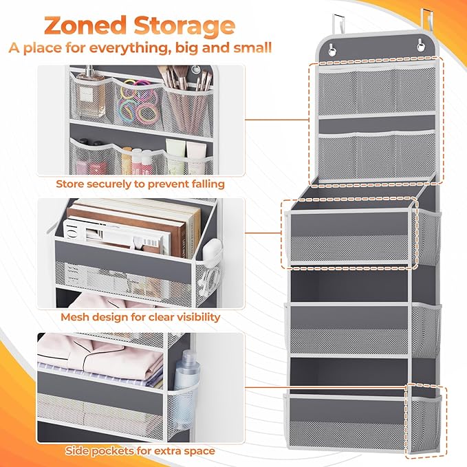 5-Tier Over The Door Organizer with Mesh Pockets, Baby Nursery Storage for Closet, Bathroom and Bedroom, Adjustable Hanging Closet Organizer for Cosmetics, Books and Essentials（Dark Grey）