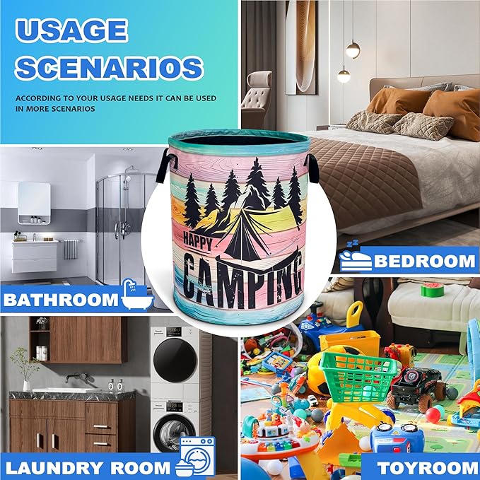 Happy Camping Laundry Basket Mountains Forest Oxford Cloth Laundry Hamper With Handle Foldable Portable Clothes Storage Basket 18.9 X 16.5 In Storage Bag For Laundry Room/Bathroom/Bedroom/Dormitories