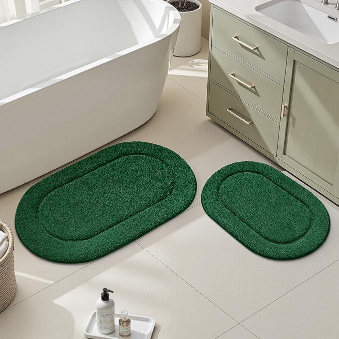 HOMEIDEAS Bathroom Rugs Sets 2 Piece, Soft Bathroom Mats and Absorbent Microfiber Machine Washable Bath Mats for Shower Room, Bathtub, Kitchen (20" x 32" + 16" x 24", Dark Green)