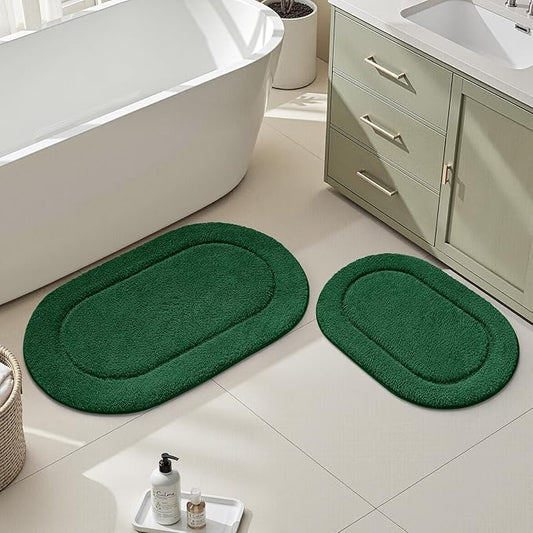 HOMEIDEAS Bathroom Rugs Sets 2 Piece, Soft Bathroom Mats and Absorbent Microfiber Machine Washable Bath Mats for Shower Room, Bathtub, Kitchen (20" x 32" + 16" x 24", Dark Green)