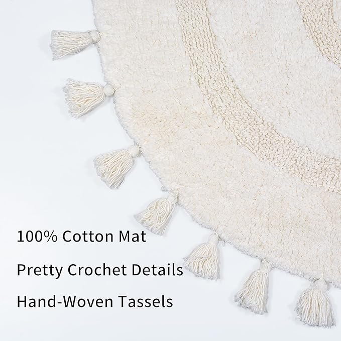 Half Circle Boho Bathroom Rugs with Tassels 100% Cotton Hand-Woven Bath Mat Non Slip Absorbent Bath Rugs with Rug Pad Washable Boho Bath Mat Carpet for Tub, Shower 20"x32",White
