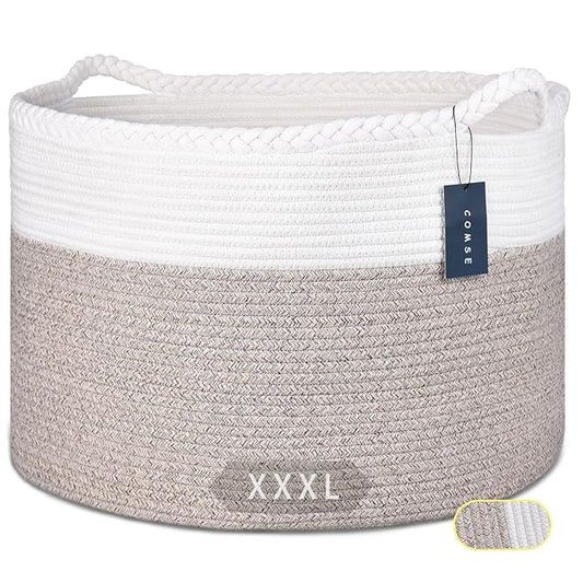 COMSE Extra Large Blanket Basket, Woven Laundry Basket, 21.7”x 13.8”, Nursery Hamper, Cotton Rope Laundry Hamper Living Room for Storage Toys Clothes Towels (White & Light Brown)