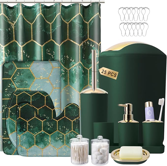 25 Pieces Bathroom Set Green and Gold Bathroom Accessories Set, Shower Curtain and Rugs, Trash Can, Toilet Brush, Soap Dispenser, Soap Dish, Toothbrush Holder, Tumbler, Tray, Qtip Holder
