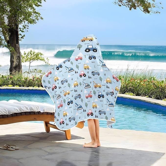 Cartoon Car Hooded Beach Towel for Kids, Kids Bath Hooded Towels for Boys Girls, Super Soft Absorbent Bathrobe with Hood for Swin Pool 50"x23.5"