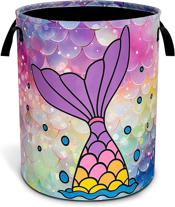 Mermaid Tail Laundry Basket Oxford Cloth Colorful Mermaid Scales Laundry Hamper With Handle Foldable Portable Clothes Storage Basket 18.9 X 16.5 In Storage Bag For Laundry Room/Bathroom/Bedroom