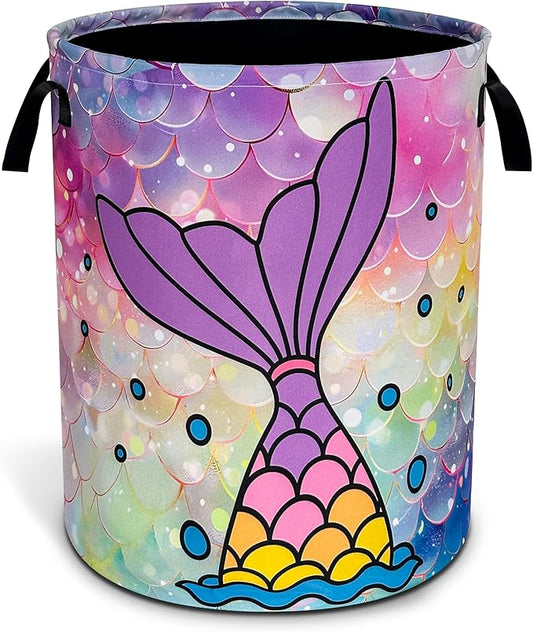 Mermaid Tail Laundry Basket Oxford Cloth Colorful Mermaid Scales Laundry Hamper With Handle Foldable Portable Clothes Storage Basket 18.9 X 16.5 In Storage Bag For Laundry Room/Bathroom/Bedroom