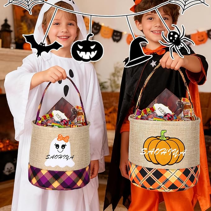 Personalized Halloween Basket, Custom Trick or Treat Bag with Name, Hand-Woven Candy Bucket, Spooky Decor for Boys & Girls (Style 2)