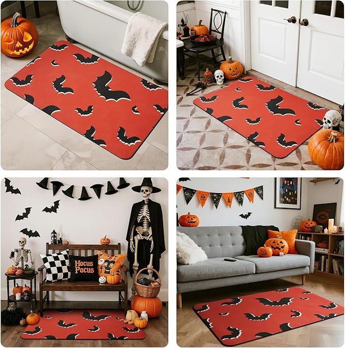 Halloween Bath Mat, Thin Halloween Bathroom Rug Non Slip Quick Dry Bat Bath Mat Fits Under Door Thin Floor Mat Halloween Decor, 17''x30'', Gothic Bats Orange