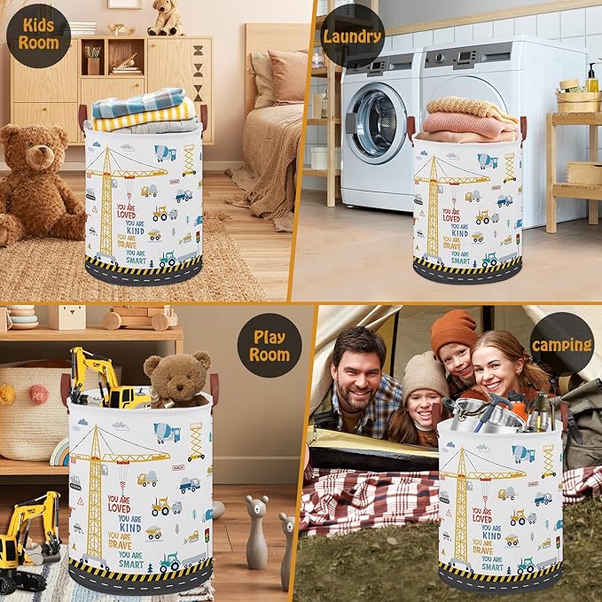Construction Decor for Boys Room Laundry Basket,Trucks Toddler Kid Laundry Hamper, Car Excavators Baby Dirty Clothes Basket,Toy Organizer Bin (Yellow Construction)
