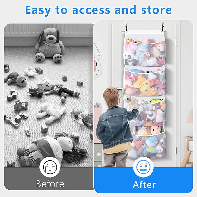 Toread Over the Door Stuffed Animal Organizer (2-pack) Innovative patented design Adjustable hooks, 3D over door stuffed animal storage, 50% more capacity, ideal for plush organizers.