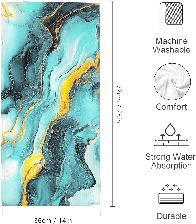 Green Teal Gold Bath Hand Towels Set of 2 Soft Absorbent Abstract Marble Texture Decorative Bathroom Hand Towels for Bathroom Kitchen Home Spa Hotel Yoga Farmhouse Decor
