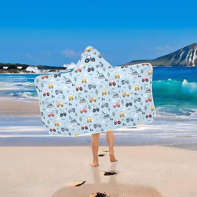 Cartoon Car Hooded Beach Towel for Kids, Kids Bath Hooded Towels for Boys Girls, Super Soft Absorbent Bathrobe with Hood for Swin Pool 50"x23.5"