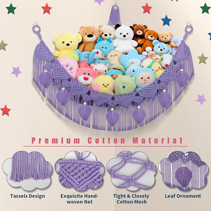 Stuffed Animal Hammock Corner - 56'' Jumbo Handcrafted 5mm Double Macrame Cord Stuffed Animal Storage Net - 100% Natural Cotton Toy Hammock Holder - Purple Stuffy Plushie Net w/LED Star Light