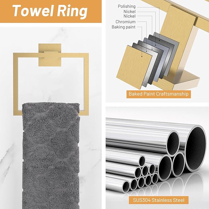 23.6Inch Brushed Gold Towel Bar Set, 10 Pieces Bathroom Accessories Set, SUS304 Stainless Steel Towel Racks Toilet Paper Holder Set for Bathroom Wall Mounted
