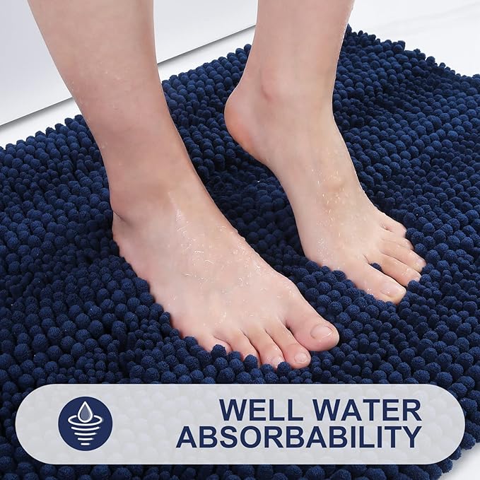 Grandaily Chenille Striped Bathroom Rugs 47x20, Extra Thick and Absorbent Bath Mats, Non-Slip Soft Plush Shaggy Shower Carpet, Machine Wash Dry, Bath Rug for Bathroom, Navy