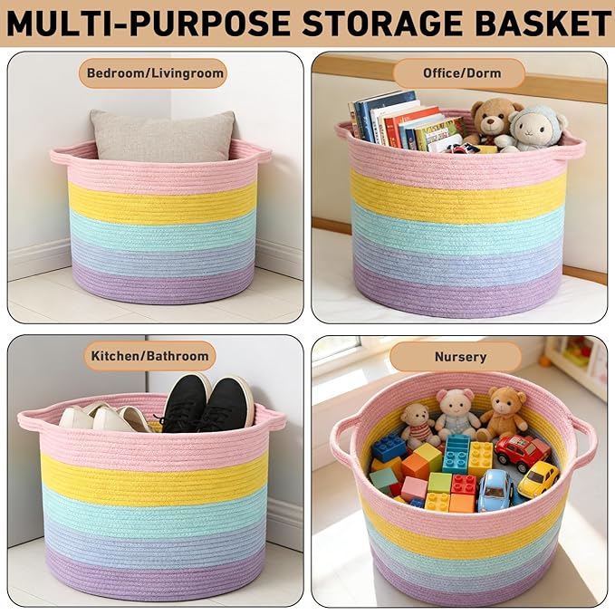 65L Large Blanket Basket,19.7" L x 19.7" W x 13" H Rope Woven Baskets with Handles, Toys Storage Bins,Laundry Basket Perfect for Living Room, Nursery,Bedroom,Home Organization,Colorful