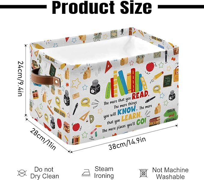 Reading Book Rectangle Storage Basket - Book Themed Collection Collapsible Storage Baskets with Handles - Reading Books Pattern Storages Bin for Kids Clothes, Gifts, Books,Toys