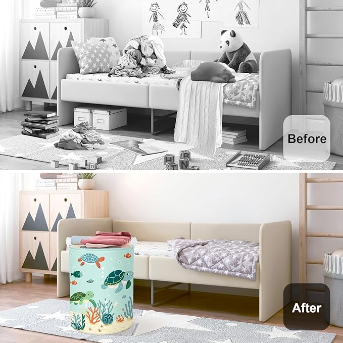 Sea Animals Laundry Hamper Ocean Fish Coral Large Storage Basket Parents Organizer Kids Clothes Toy Bins for Bedroom, Bathroom, Green Turtles, 63L
