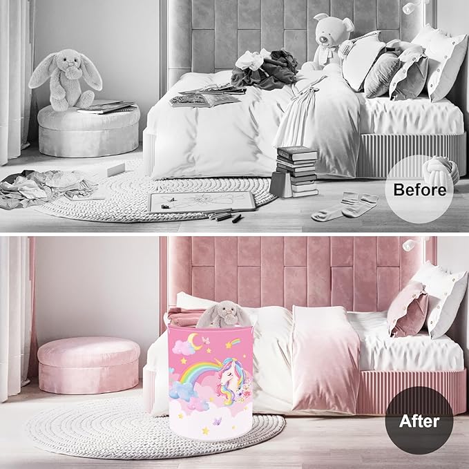 Clastyle 63L Unicorn Rainbow Collapsible Laundry Basket Large Pink Dirty Clothes Hamper for Girl Moon Star Flower Toy Storage Basket with Lid, 15.7x19.7 in