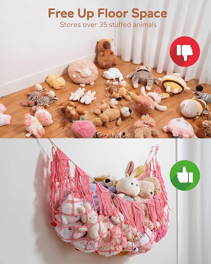 Stuffed Animal Storage Hammock or Net with Lights- Big Wall Hanging Stuff Animal Organizer Holder for Plush Plushie, Boho Macrame Toy Hammock for Girs Kids Bedrooms Playroom Nursery（Pink）