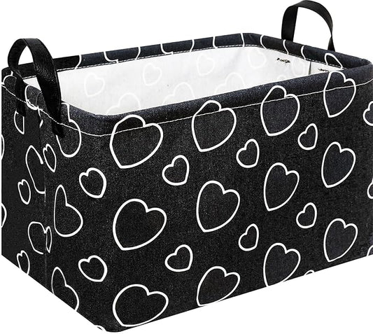 Rectangular Black Storage Basket Empty,Collapsible Gift Basket with Handles,Heart Print Basket for Kids Toys/Books Box,Room Decor(Black Love)