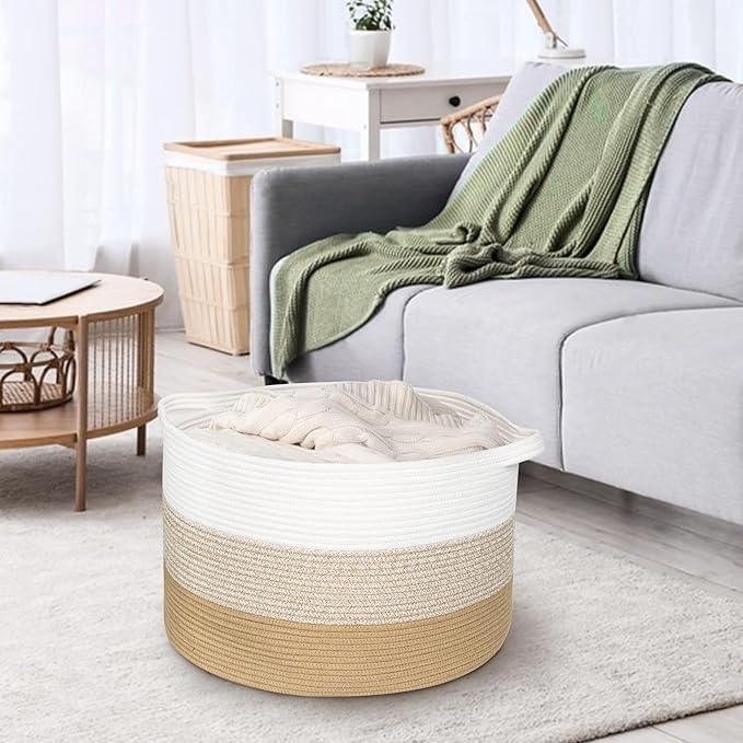 Extra Large Storage Basket, 22” X 22” X 14” Blanket Basket Living Room, Kids Toy Box Organizer, Woven Cotton Rope Baskets for Storage, Soft Dog Toy Bin, Wicker Pillow Blanket Holder