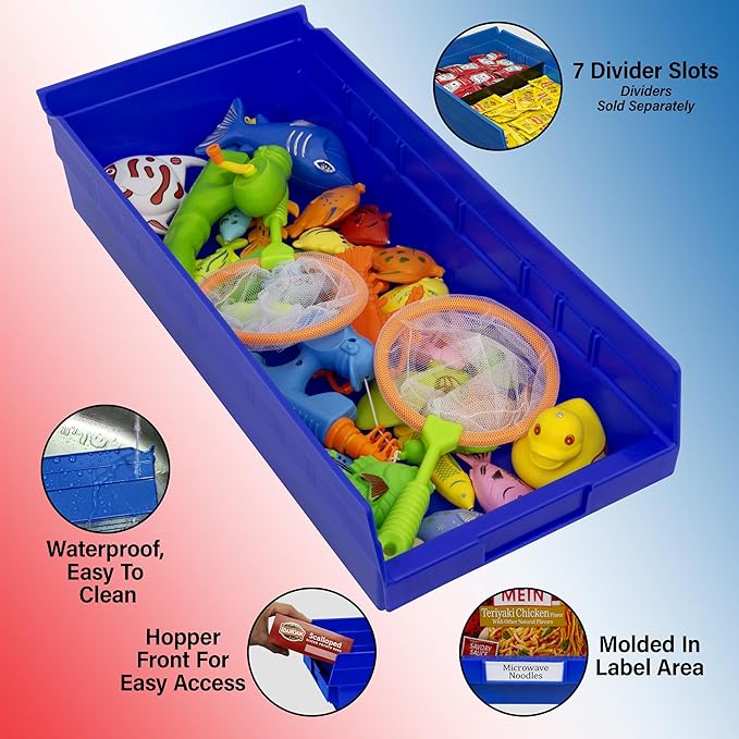 Akro-Mils 30158 Plastic Shelf Bins, Heavy Duty Storage Bins for Garage, Closet, and Drawer Organization, 18-Inch x 8-Inch x 4-Inch, Blue, 12-Pack