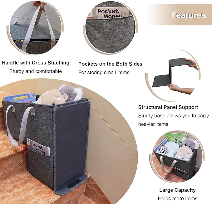 Stair Basket for Stairs with Lid 16.5" x 10.5" x 16", Collapsible Staircase Basket with Handle, Large Capacity Step Storage Basket, Stair Storage Basket for Carpet or Wood Stairs