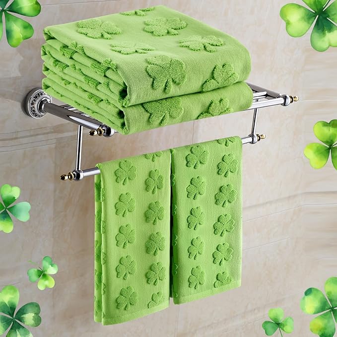 2 Pack St. Patrick's Day Hand Towels Kitchen Dish Towels Green Clover Shamrocks 100% Cotton Soft Absorbent Decorative Bathroom Towels Set for Cooking Baking Cleaning, 13.7'' x 29.5''