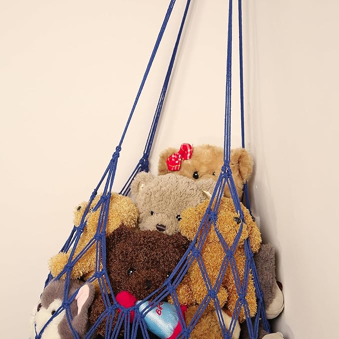 Stuffed Animal Storage Hammock Corner Hanging Net Stuffy Animal Hammock Macrame Toy Display Plush Toy Holder for Kid Bedroom Decor Boho Nursery Playroom Organizer (Blue)