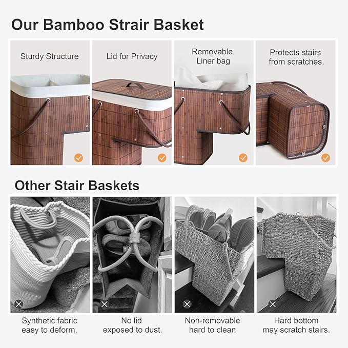 Stair Basket with Lid & Handle – Staircase Storage Basket for Wooden & Carpeted Stairs, Foldable Step Baskets for Stairs, Bamboo Storage Bin Organizer for Toys, shoes & Books (Brown)