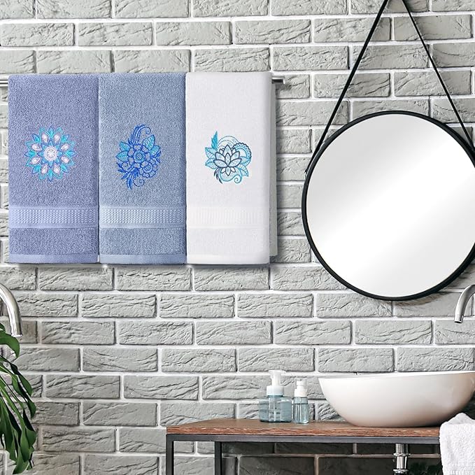 3 Pcs Mandala Hand Towels Mandala Flower Boho Bathroom Decor 14x29 Inch Embroidered Modern 100% Cotton Absorbent Hand Towels for Bathroom Kitchen