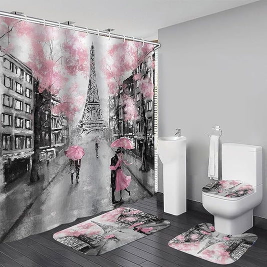 4Pcs Paris Cherry Blossom Shower Curtain Set, Black and Pink Eiffel Tower Bathroom Set with Shower Curtain, Romantic Cityscape Bath Decor for Women, Girly Bathroom Accessories
