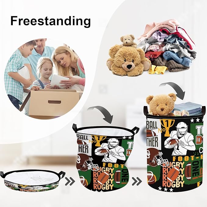 Comic Balls Baby Laundry Hamper Collapsible Clothes Kids Storage Basket Large Boys Gift Toy Box Bin for Nursery Room, Rugby, 63L