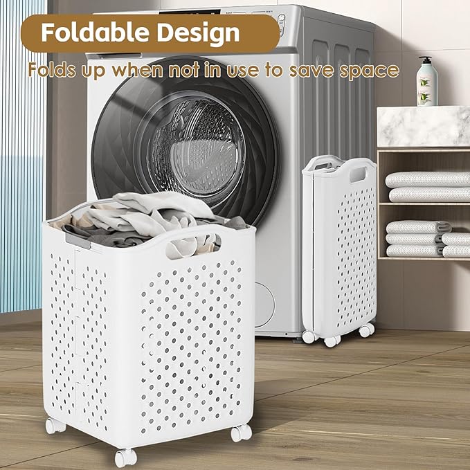 57L Collapsible Laundry Basket with Wheels, Laundry Basket Collapsible, Foldable Laundry Baskets with Handles, Dirty Clothes Hamper for Dorm, Bedroom and Bathroom (Cream White)