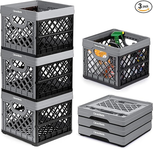CleverMade Collapsible Milk Crate 25L (6.6 Gal) 3 Pack, 50 lb Heavy Duty Folding Crate – Stackable Storage Crates with File Rails, Plastic Collapsible Crates for Storage - Stone
