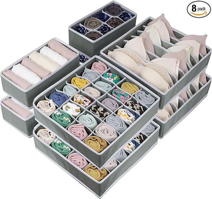 8 Pack Dresser Drawer Organizer Clothes, Foldable Underwear Drawer Organizer Bins, 90 Cells Fabric Closet Cloth Storage Box Drawer Dividers for Socks, Ties, Bras, Baby Clothes, Nursery, Clothing
