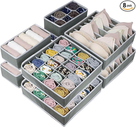 8 Pack Dresser Drawer Organizer Clothes, Foldable Underwear Drawer Organizer Bins, 90 Cells Fabric Closet Cloth Storage Box Drawer Dividers for Socks, Ties, Bras, Baby Clothes, Nursery, Clothing